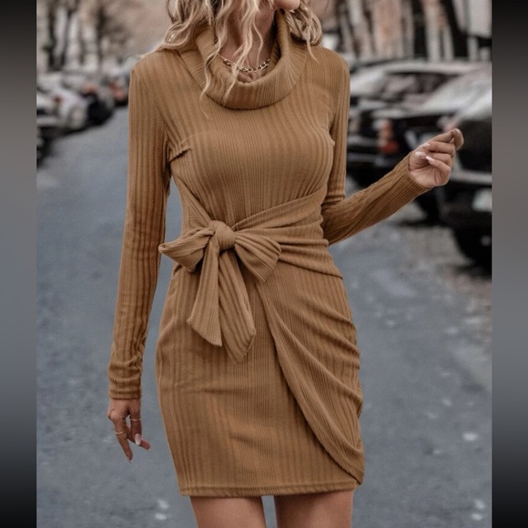 Classic Long Sleeve Cowl Neck Knot Side Wrap Hem Ribbed Dress - Picture 8 of 16